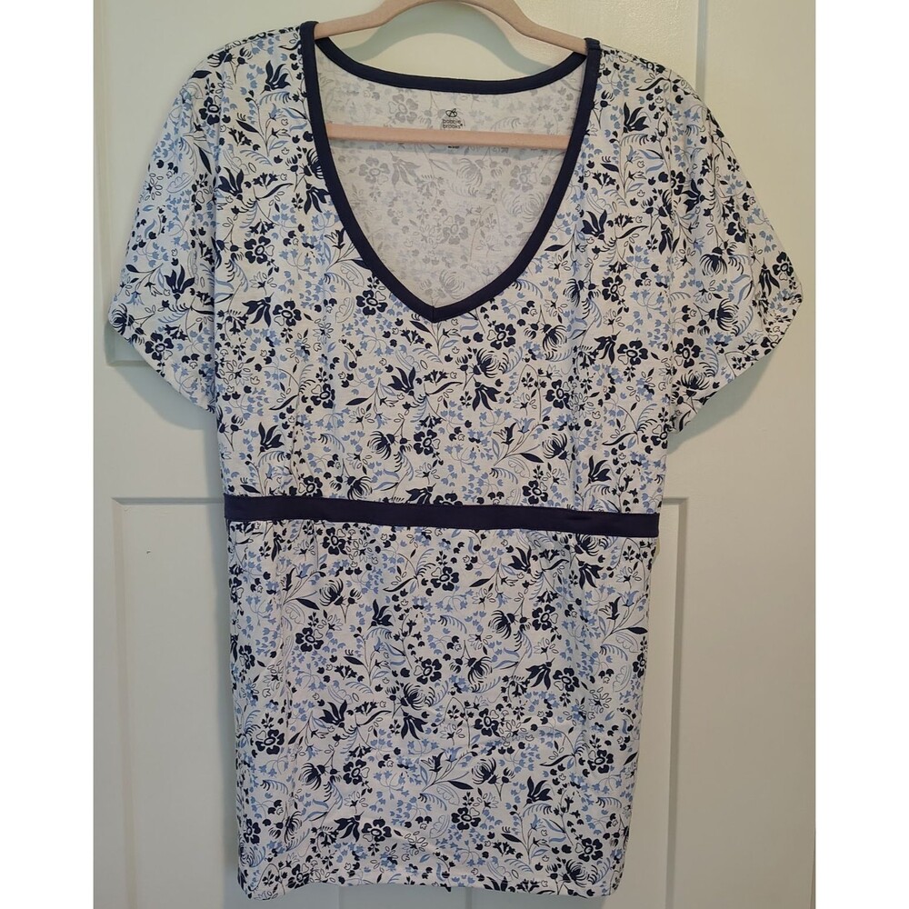 Shirt womens plus size 2x Blue V-neck Smock style blue white Navy Trim Back Tie
